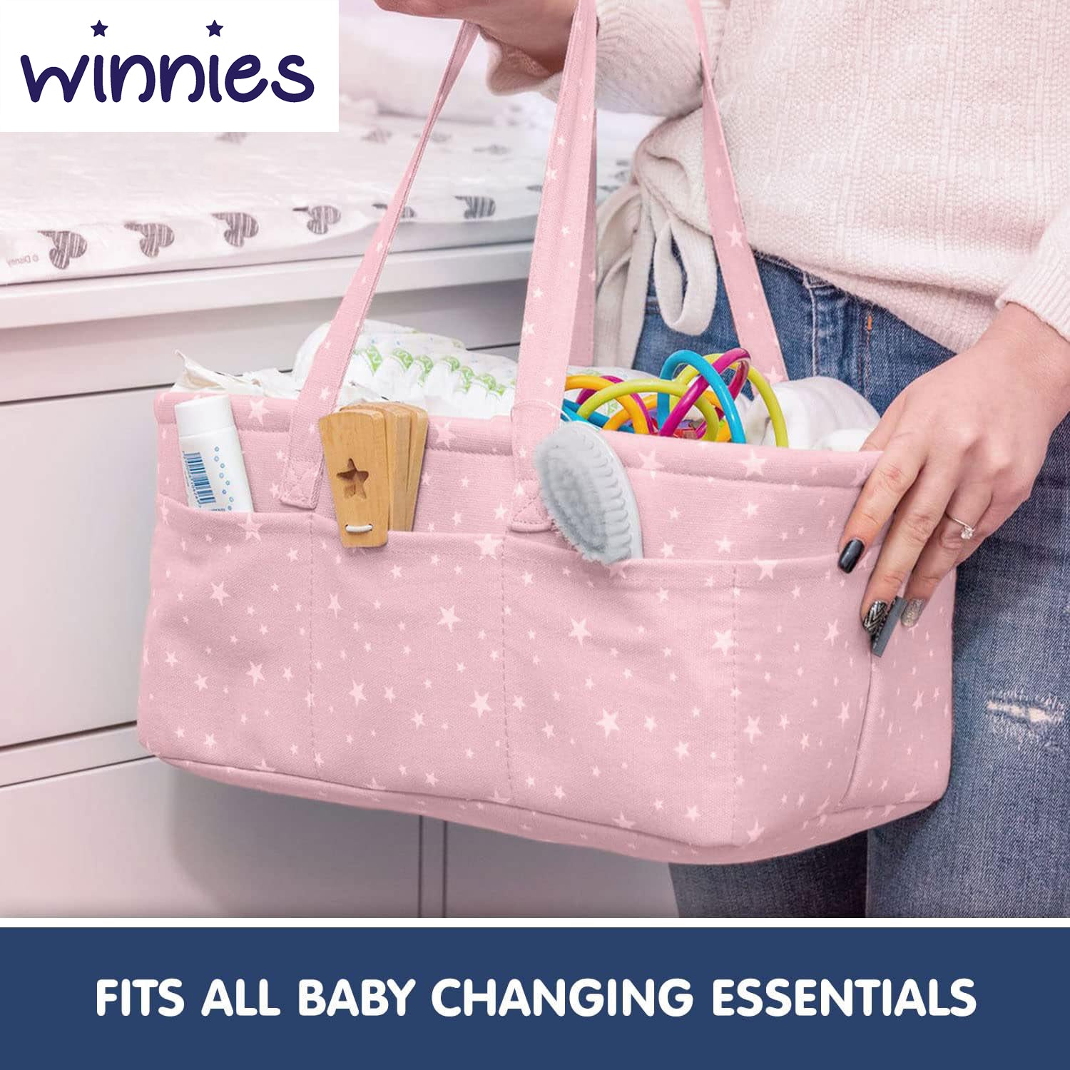 Winnies Cute Diaper Caddy Bag for Smart Mothers Baby Diaper Caddy Organizers Foldable and Portable (Pink Star)